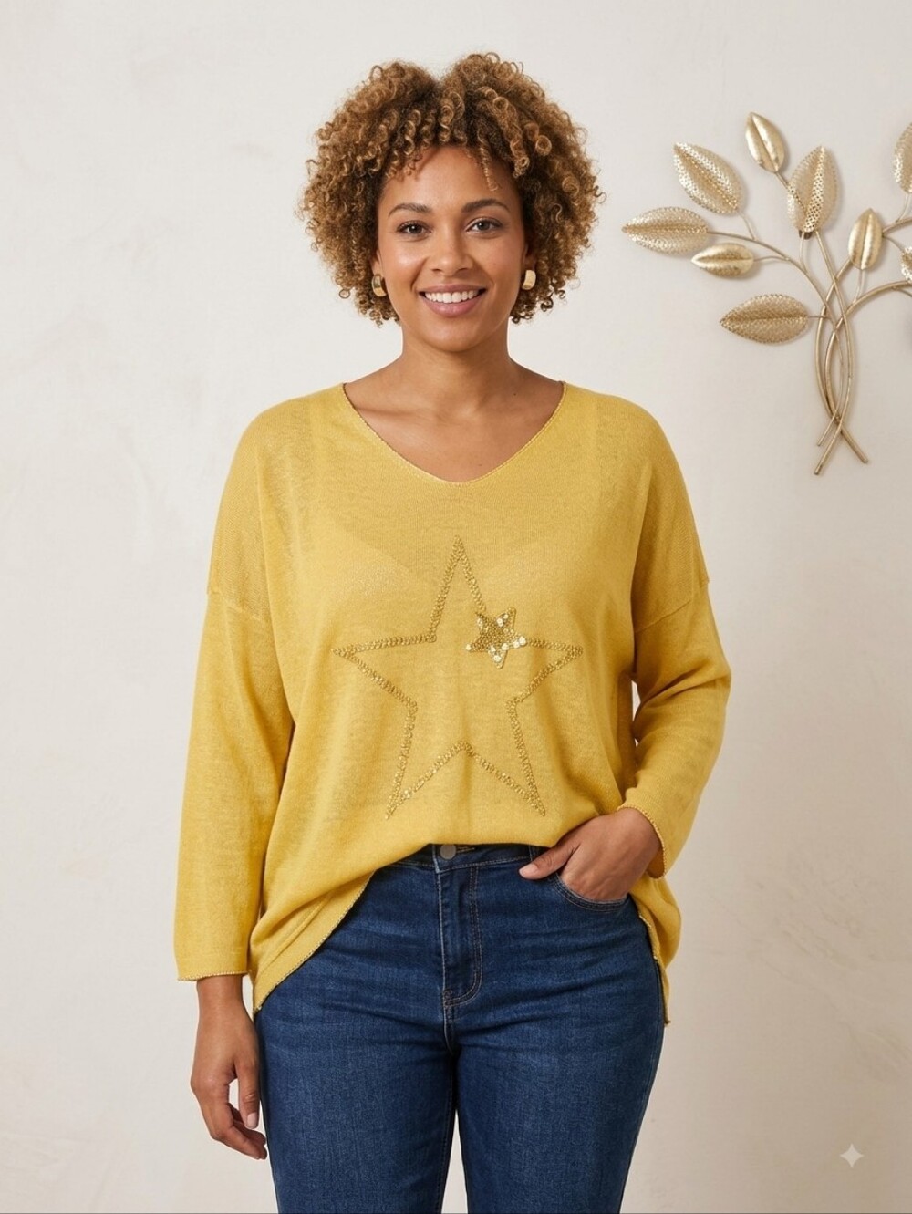 Relaxed V-Neck Yellow Star Embellished Women's Top Size L Oversized Cotton